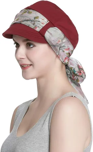 Vista 8 de Alnorm Juego de gorro y pañuelo de algodón transpirable para quimioterapia para mujeres Negro Rosado