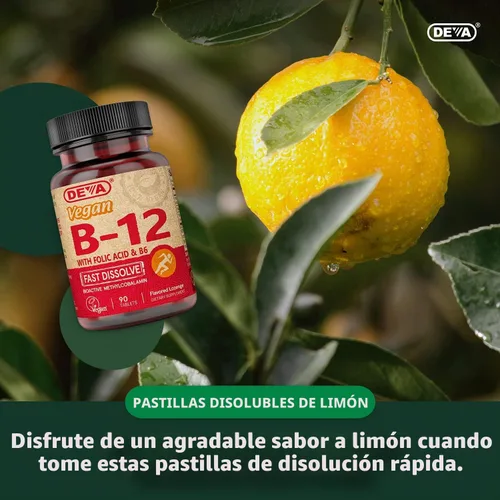 Vista 8 de DEVA Suplemento vegano de disolución rápida de vitamina B12, complejo una vez al día con 1000 Mcg de metilcobalamina B12, ácido fólico, B6 - Sabor a
