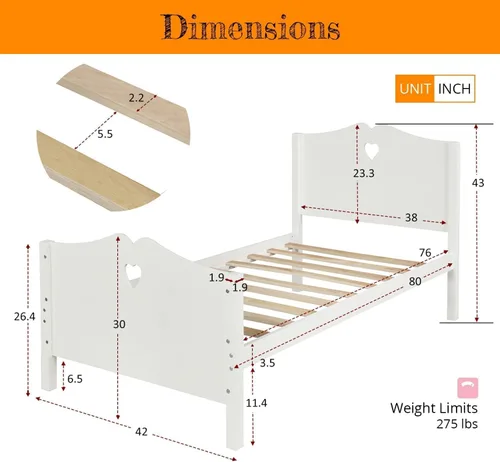 Vista 2 de Cama individual de madera para niñas, con marco, cabecera y piecera para niñas y niños pequeños