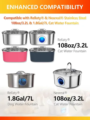 Vista 2 de Paquete de 12 + 12 filtros de fuente de agua para gatos compatibles con Rellaty & Neareal - Fuente de agua para mascotas de acero inoxidable de 108