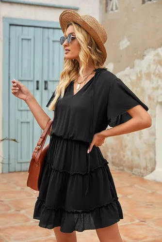 Vista 4 de Dokotoo Vestido de manga corta con cuello en V y volantes para mujer, para primavera y verano, 2025, elegante, mini falda corta