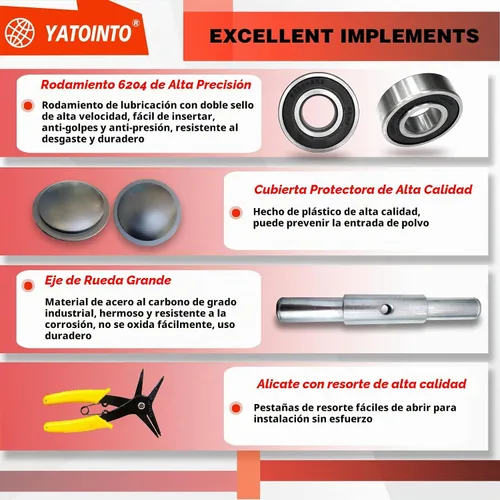 Vista 5 de YATOINTO Juego de 2 ruedas de dirección de gato de palet con eje y tapas protectoras 7" x 2" con rodamientos ID 20mm de rosca polivalente, kit