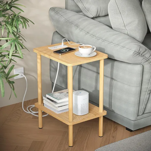 Vista 30 de Apicizon - Mesa auxiliar de 2 niveles, pequeña mesa auxiliar con patas de madera maciza, mesa de noche estilo boho con estante de almacenamiento