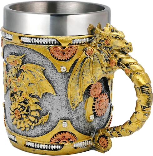 Vista 6 de alikiki Taza medieval steampunk de dragón, 15.8 onzas, dragones mecánicos renacentistas, cerveza, jarra, jarra, taza de café inoxidable, taza