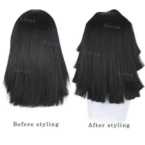 Vista 5 de Aicos Obanai Cosplay Wig - Costume Black Anime Wig with Bangs for Adults + Cap for Halloween Party