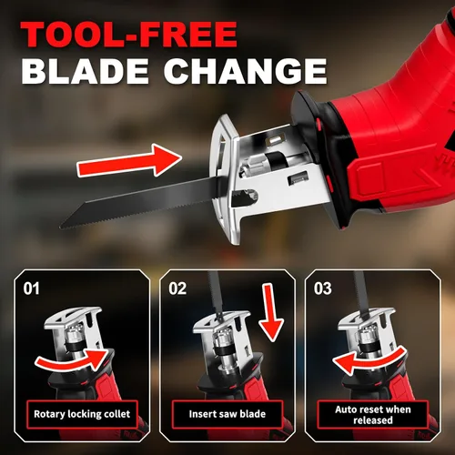 Vista 4 de FULLYEA Reciprocating Saw Cordless, 0-3500 SPM Power Reciprocating Saws with 4 Blades & 2 Batteries, Tool‑Free Blade Change, Electric Handheld Saw