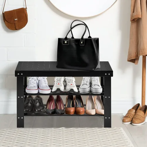 Vista 2 de Giantex Banco de zapatos de entrada, organizador de zapatos de bambú con capacidad para hasta 6 pares, 3 niveles de almacenamiento de zapatos Negro