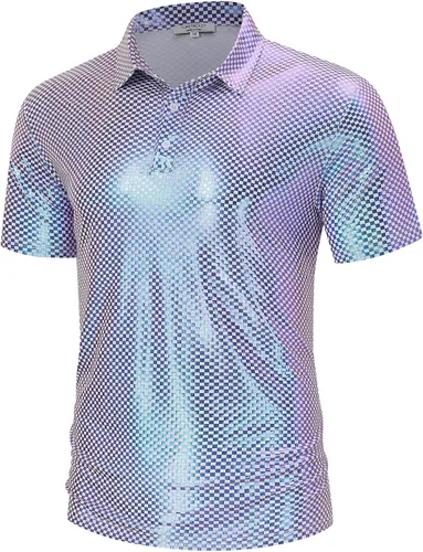Vista 2 de TURETRENDY Camisa de discoteca de los años 70 para hombre, con lentejuelas brillantes, manga corta, para fiesta, polo hipster, discoteca, baile