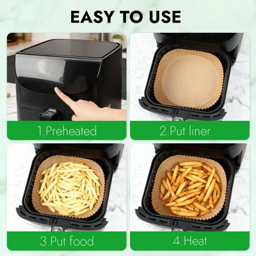 Vista 7 de BYKITCHEN 300 PCS forros desechables pequeños para freidora de aire de 2 a 5 QT, forros redondos de papel pergamino para freidora de aire