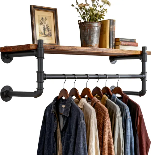 Vista 10 de WEBI Perchero de pared con estante, perchero industrial de 24 pulgadas con estantes, barra de ropa de hierro resistente, barra de ropa de exhibición