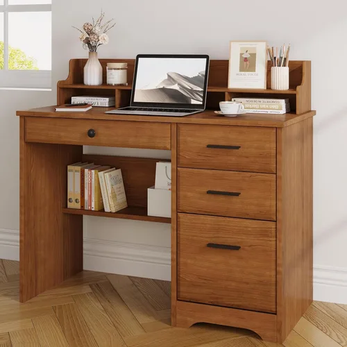 Vista 5 de 4 EVER WINNER - Escritorio para computadora con cajones para espacios pequeños, escritorio de madera con gabinete de archivos y soporte