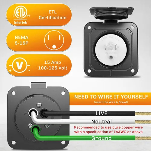 Vista 2 de Entrada con Brida de 15 Amperios 125V, NEMA 5-15 Enchufe de Entrada de Alimentación de Costa para RV con Cubierta Impermeable y Trasera, Enchufe