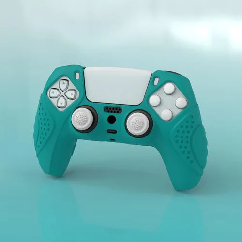 Vista 3 de eXtremeRate PlayVital Guardian Edition Aqua Green Ergonomic Soft Anti-Slip Controller Silicone Case Cover for ps5, Rubber Protector Skins with White