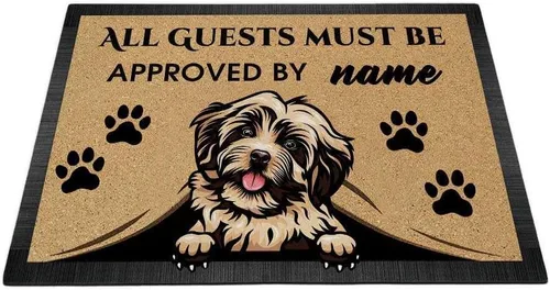 Vista 28 de Tapete personalizado con nombre de perro que mira al perro Cocker Spaniel, todos los invitados deben ser aprobados por alfombras para decoración