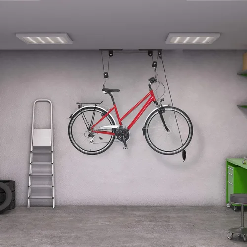 Vista 2 de Relaxdays Estante de almacenamiento de garaje para bicicletas, elevador de bicicletas, hasta 44.1 lbs, soporte de techo, negro