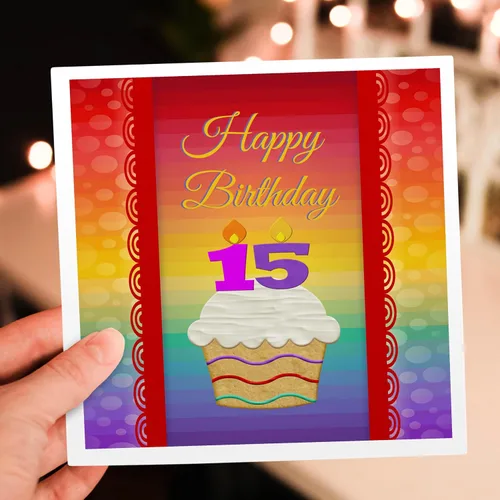 Vista 6 de Tarjeta de felicitación - Cupcake con velas de número, cumpleaños de 15 años, diseño de cumpleaños