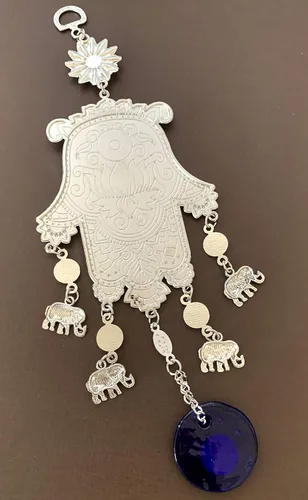 Vista 6 de Amuleto de mano Hamsa azul turco para colgar en la pared, diseño retro, CL06
