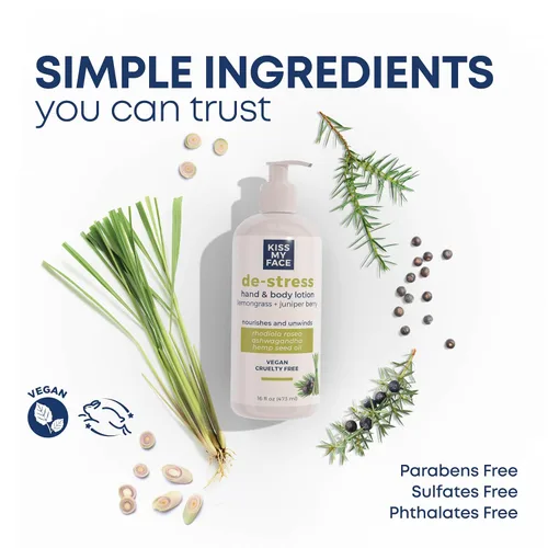 Vista 2 de Kiss My Face De-Stress Loción para manos y cuerpo - Limoncillo + bayas de enebro - Rhodiola Rosea calmante - Con aceite de semilla de cáñamo