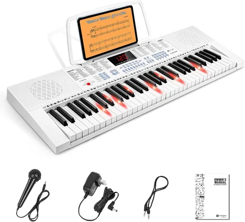 Vista 7 de Vangoa Piano de teclado iluminado de 61 teclas para principiantes, 350 tonos y timbres, 3 modos de enseñanza, con micrófono, negro