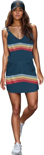 Vista 23 de Vestido de verano a rayas para mujer, sin mangas, con tirantes halter y bolsillos
