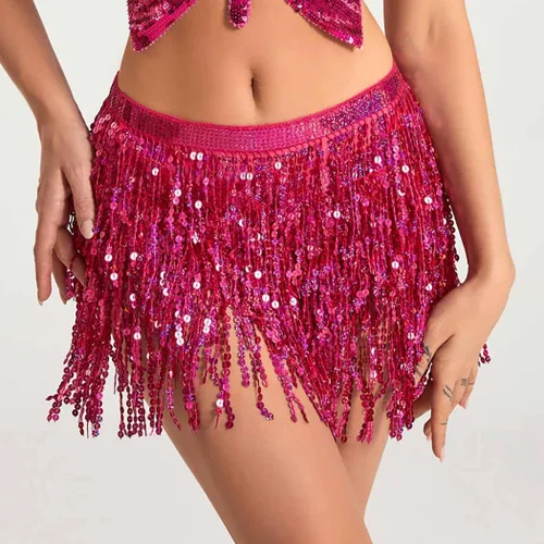 Vista 6 de EARENT Faldas bohemias de lentejuelas para danza del vientre, falda de cadera con flecos, bufanda de cadera para fiestas rave para mujeres y niñas