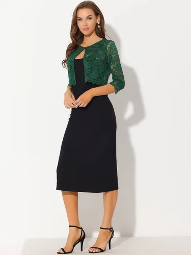Vista 3 de Allegra K Cárdigan de encaje para mujer, frente abierto, con encaje, elegante, transparente, floral, recortado, bolero, tops de encaje