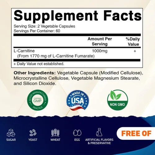 Vista 2 de Vitamatic L-Carnitina Fumarato 1000 mg - 120 Cápsulas Vegetales (1 Botella)
