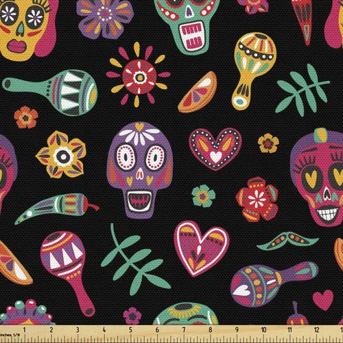 Vista 35 de Ambesonne The Yard, tela de calavera colorida con temática de Halloween, diseño de calavera y huesos cruzados, divertido estampado de dibujos
