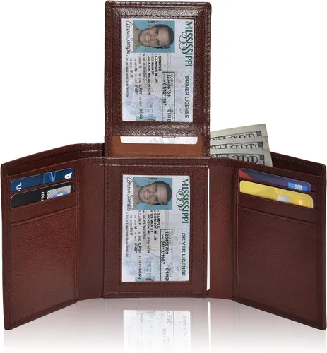 Vista 22 de Cartera de cuero RFID hecha a mano para hombres, elegante cartera de bolsillo frontal triple con 2 ranuras para identificación y 9 tarjetas, Azul
