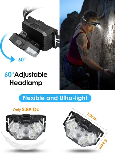 Vista 4 de Linterna frontal de 9 LED, 2000 lúmenes, lámpara de cabeza súper brillante con 6 modos, luz de cabeza impermeable IPX5, linterna de cabeza ligera