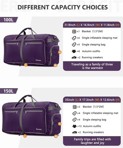 Vista 4 de Gonex Bolsa de viaje plegable grande de 40 L, 60 L, 80 L, 100 L, 150 L, con compartimento para zapatos, plegable, ligera, repelente al agua, bolsa