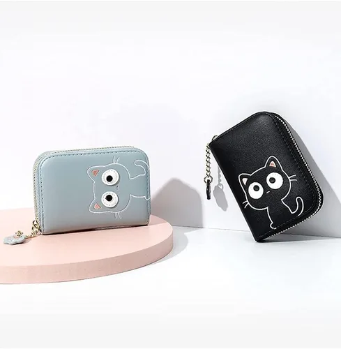 Vista 6 de Sunwel Fashion Lindo portatarjetas con diseño de gato pequeño - Estuche para tarjetas con cremallera de acordeón, bolsillos para efectivo, monedero