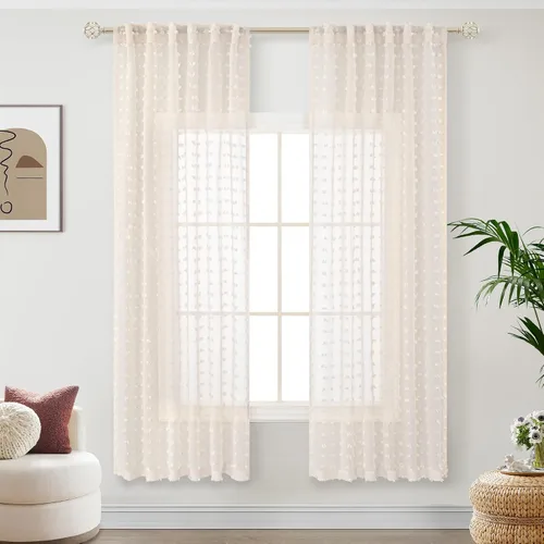 Vista 2 de Cortinas Beige Semitransparentes de 63 Pulgadas de Largo para Dormitorio, Sala de Estar, Guardería Infantil, Ventana con Diseño de Pompón