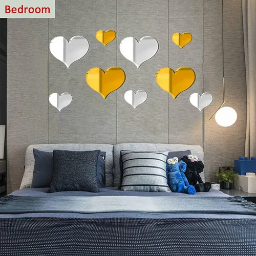 Vista 5 de Juego de 2 calcomanías autoadhesivas de pared con forma de corazón, espejo reflectante decorativo para pared, lámina de acrílico para pared