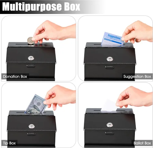 Vista 5 de KYODOLED Caja de sugerencias con candado y 50 tarjetas de sugerencia gratis, boleta de metal montada en la pared, caja de donación y colección