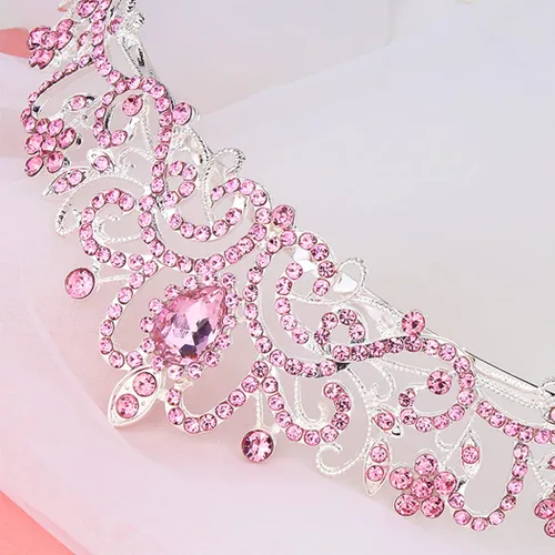 Vista 2 de CURASA Tiara de cristal rosa para mujer, corona de princesa, corona de cumpleaños, diadema de boda, accesorios para el cabello para disfraz