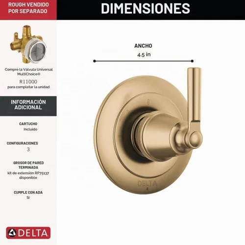 Vista 2 de Delta Faucet Saylor Gold - Kit de moldura desviadora de mango de ducha de 3 ajustes, kit de ajuste de válvula de desviador, kit de desviador