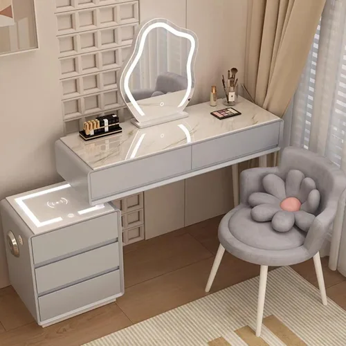 Vista 22 de Tocador con espejo con luces, mesa de tocador con cajones, mesa de maquillaje blanca, 3 modos de iluminación de brillo ajustable, para dormitorio