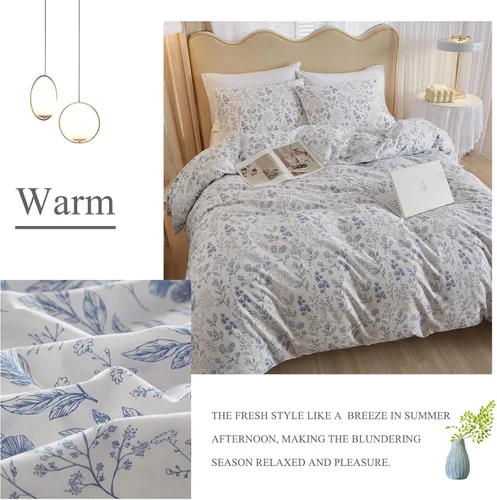 Vista 3 de Juego de funda de edredón blanca con estampado floral azul, juego de ropa de cama de algodón suave estilo bohemio, juego de ropa de cama estética