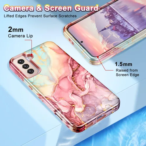 Vista 5 de Btscase Funda para Samsung S21 FE 5G 2022, patrón de mármol 3 en 1, resistente a prueba de golpes, cuerpo completo, policarbonato duro y suave