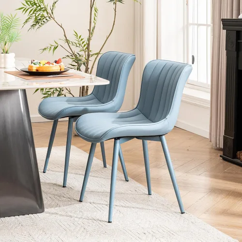 Vista 6 de YOUNUOKE - Juego de 2 sillas de comedor modernas de mediados de siglo, piel sintética azul Faux leather upholstery with blue metal legs. Fits