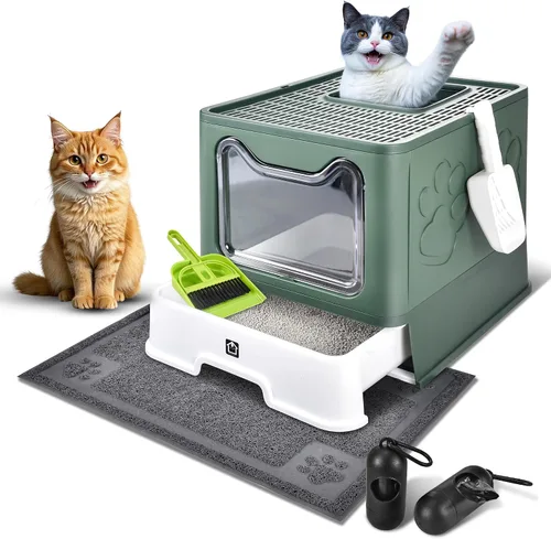 Vista 14 de Caja de arena cubierta para gatos con alfombrilla de arena, plegable, extra grande, puerta ajustable de doble entrada, diseño de cajón, caja de Azul