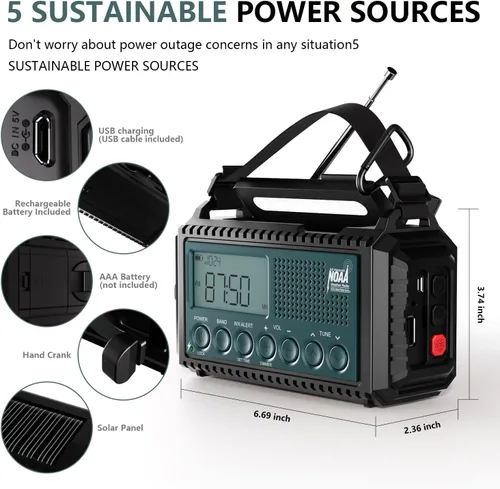 Vista 3 de AUTO NOAA Radio de emergencia de alerta, manivela solar portátil AM FM radio meteorológica de onda corta para supervivencia, radio a