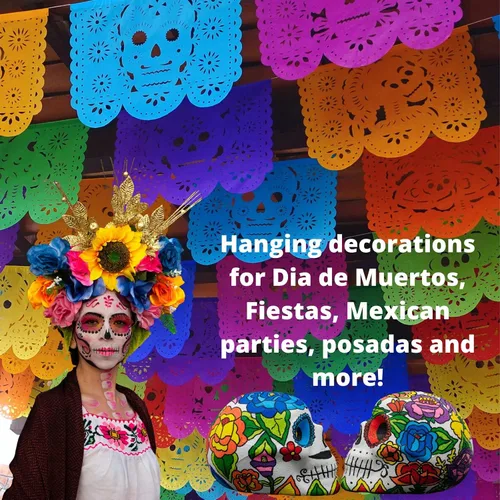 Vista 8 de Cartel de papel picado Dia de Los Muertos, guirnaldas de papel de seda del Día de los Muertos, decoraciones de fiesta mexicana, paquete de 5 83