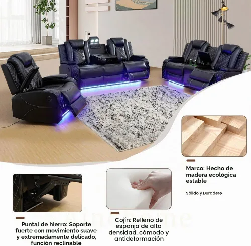 Vista 3 de Juego de sofá reclinable multifunción de cuero Power Air con luces LED, muebles de sala de estar, sofá reclinable, sofá biplaza, silla con puerto