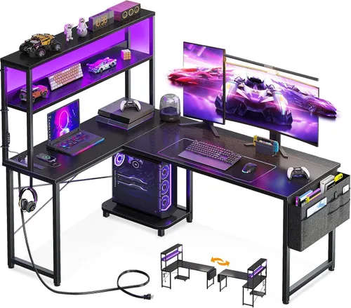 Vista 15 de AODK Escritorio en Forma de L para Gaming con Luz LED y Toma de Corriente, Mesa de Computadora Reversible en Forma de L de 43 Pulgadas con Estante
