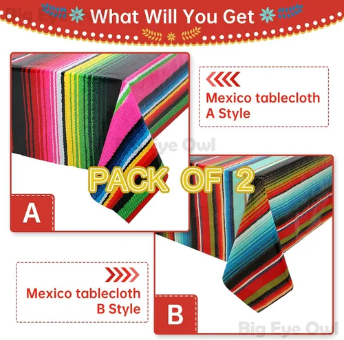 Vista 2 de Mantel de plástico desechable para fiesta mexicana, 2 piezas, para decoración de fiesta de cumpleaños, mantel de mesa de México, suministros