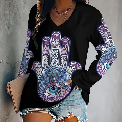Vista 2 de Tribal Fátima Hand - Camisas de manga larga con cuello en V para mujer, blusas holgadas