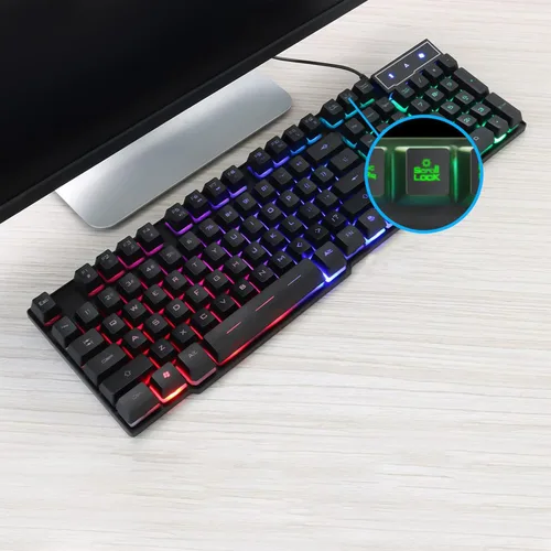 Vista 2 de Teclado para juegos con cable LED tricolor retroiluminación para juegos de 104 teclas Control multimedia para computadora de escritorio IZ9
