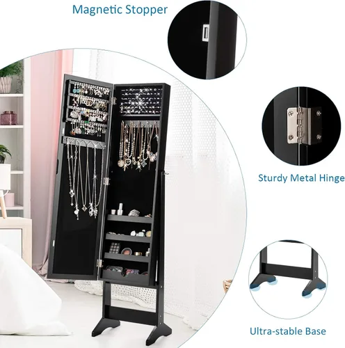 Vista 8 de GOFLAME Gabinete de joyería, organizador de joyas con puerta de espejo de longitud completa, gabinete de espejo de maquillaje de pie, organizador